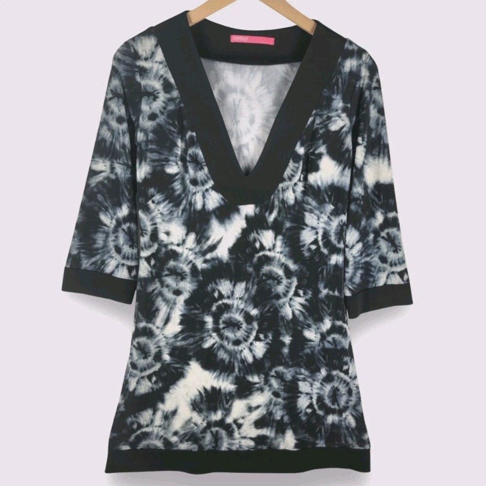 Curtsey Mini Tunic Dress 4 Black White Abstract‎ Tie Dye V-Neck Y2K